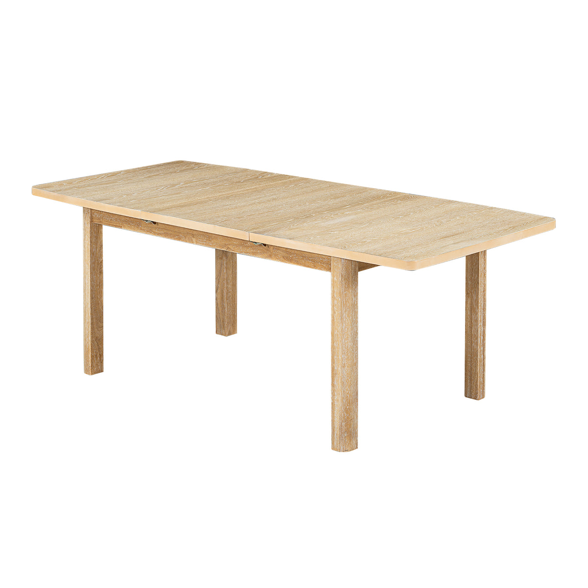 Natural wood expandable dining table with smooth rectangular top and four legs