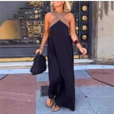 Black cross-strap maxi dress with sleeveless crisscross back straps and V neckline