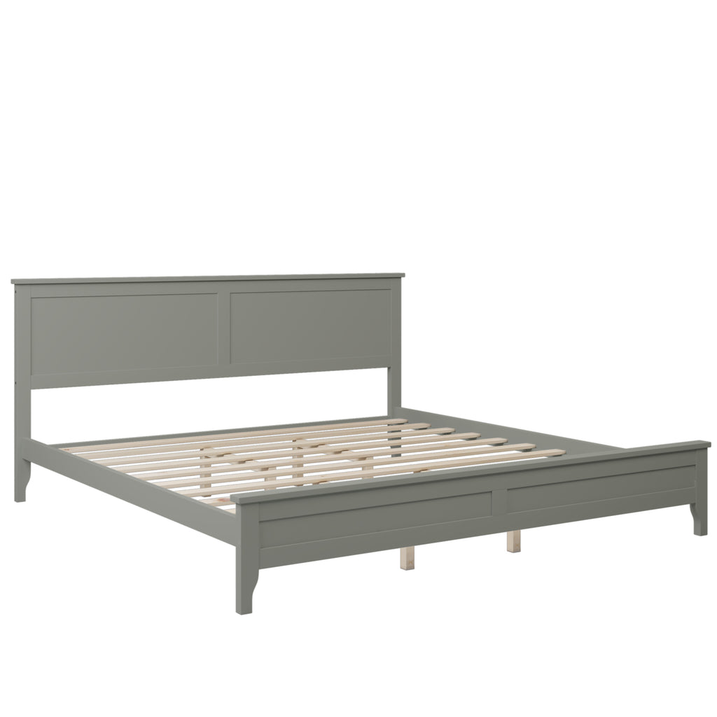 Gray king platform bed frame with tall headboard and slatted center support
