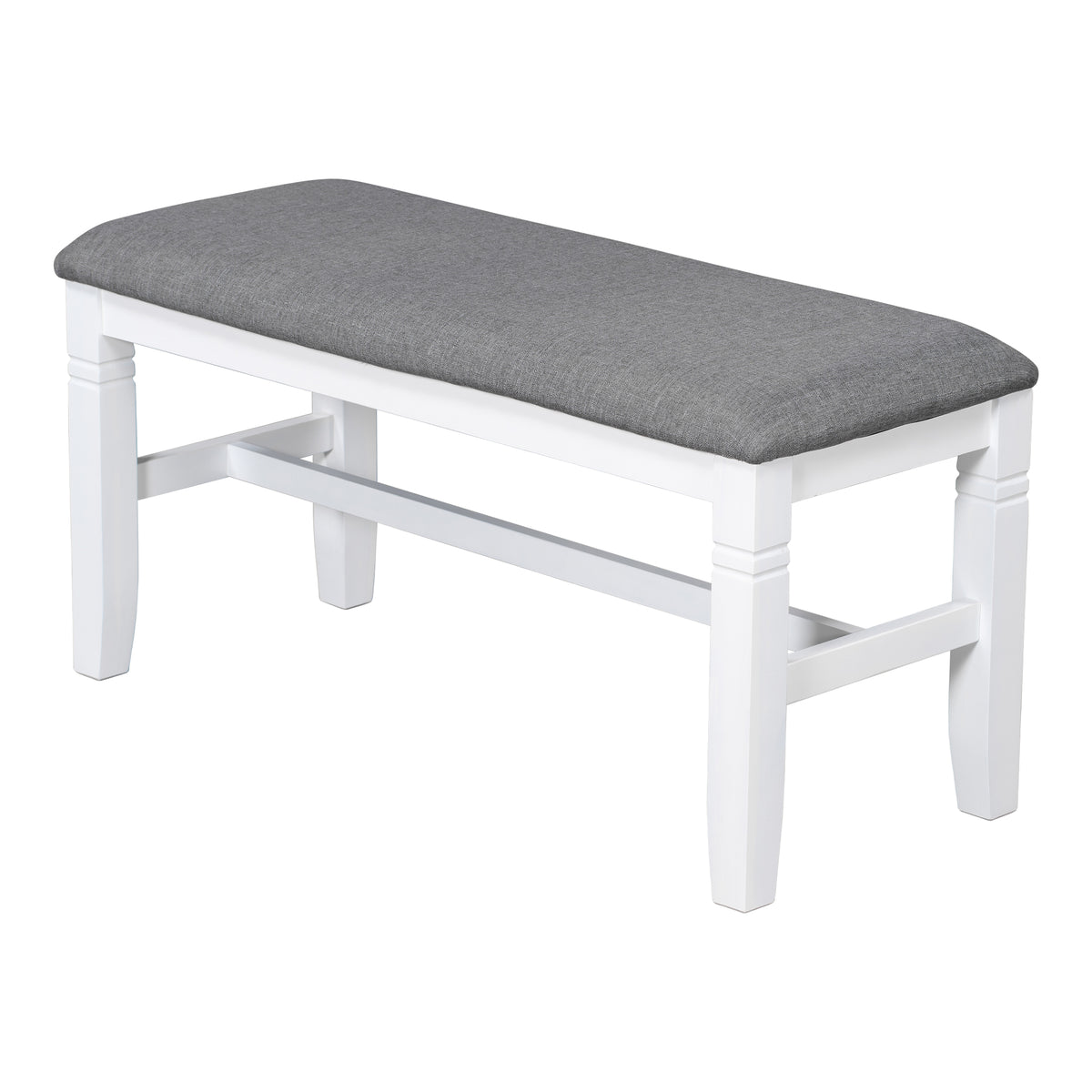 Upholstered dining bench with gray fabric seat and white wooden legs