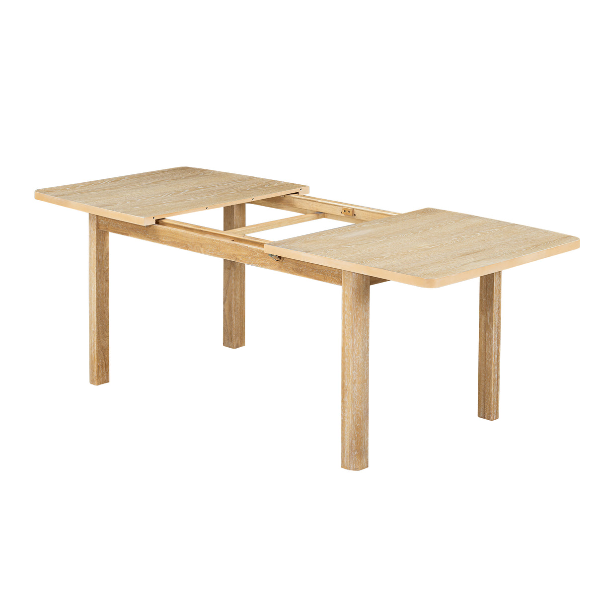 Natural wood expandable dining table with extended leaf panels and four legs