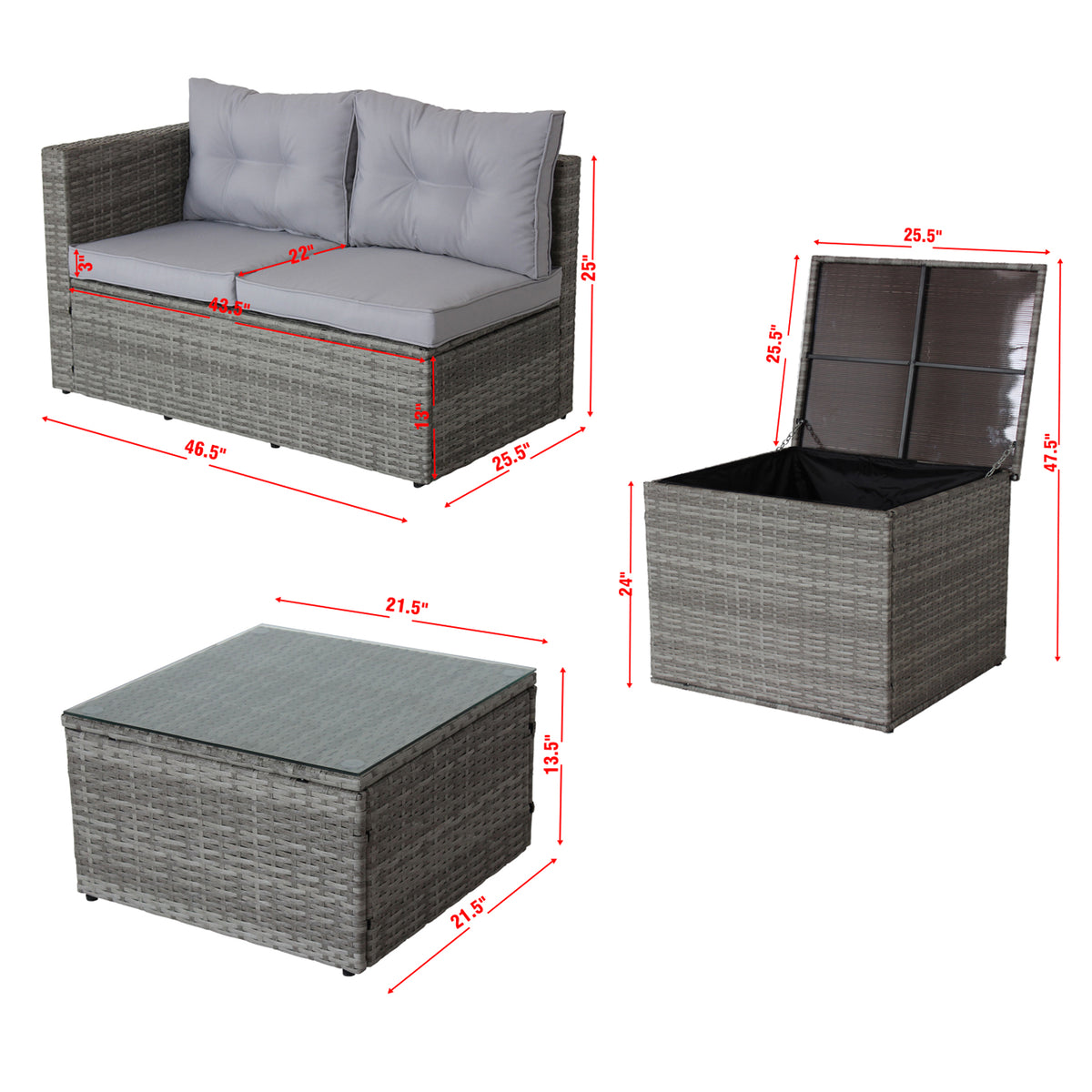 Grey outdoor sectional sofa with light cushions, plus storage ottoman and end-back unit (dimensions)
