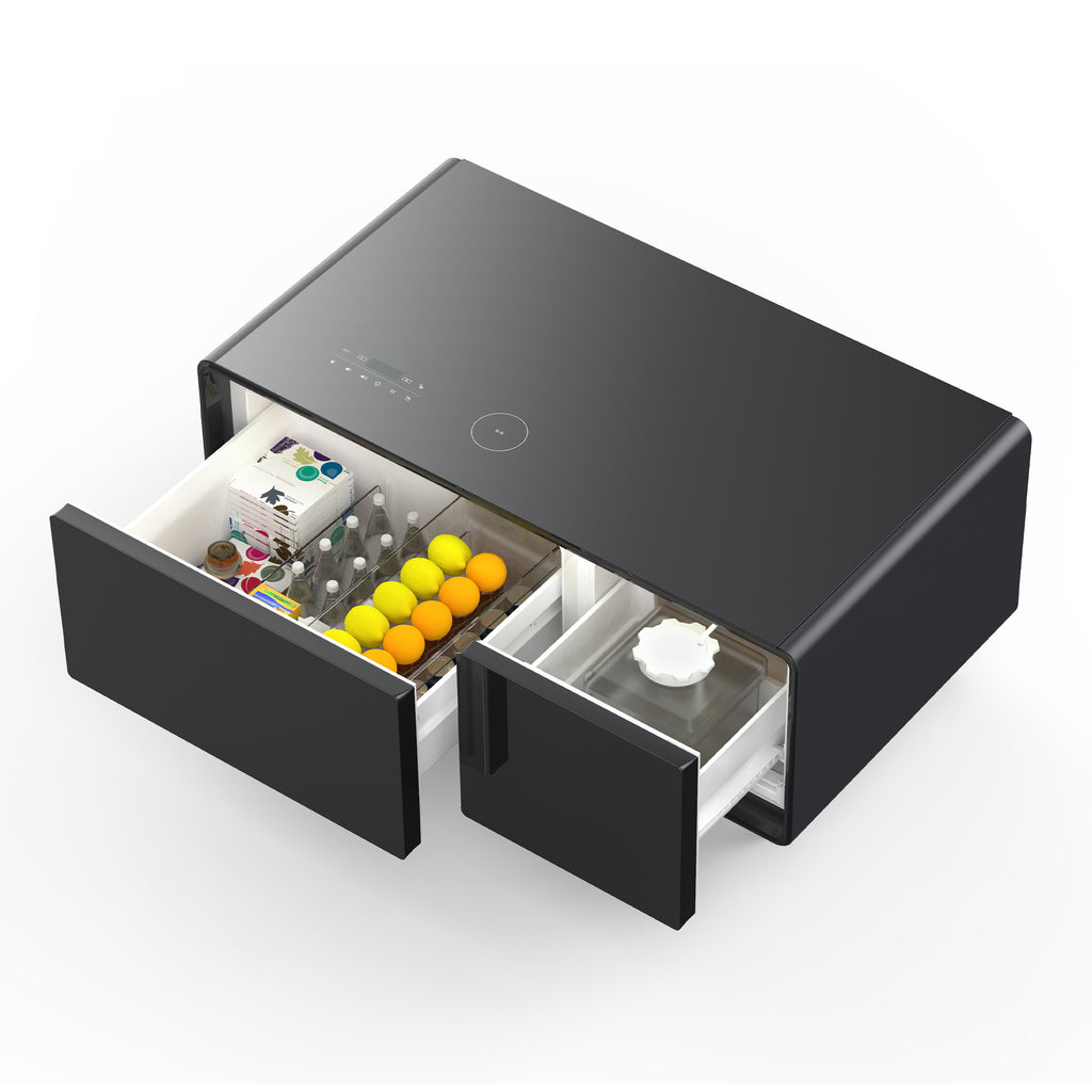 Black smart coffee table with open top lid and drawers for drinks and items