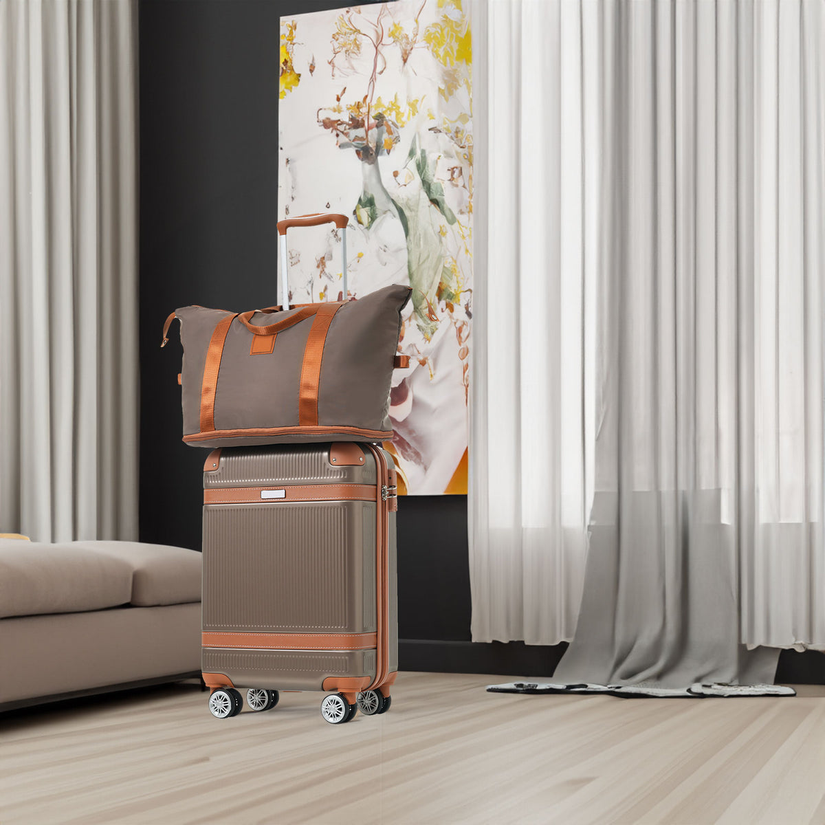 Coppery carry-on suitcase with top handle and two spinner wheels, plus matching duffel bag