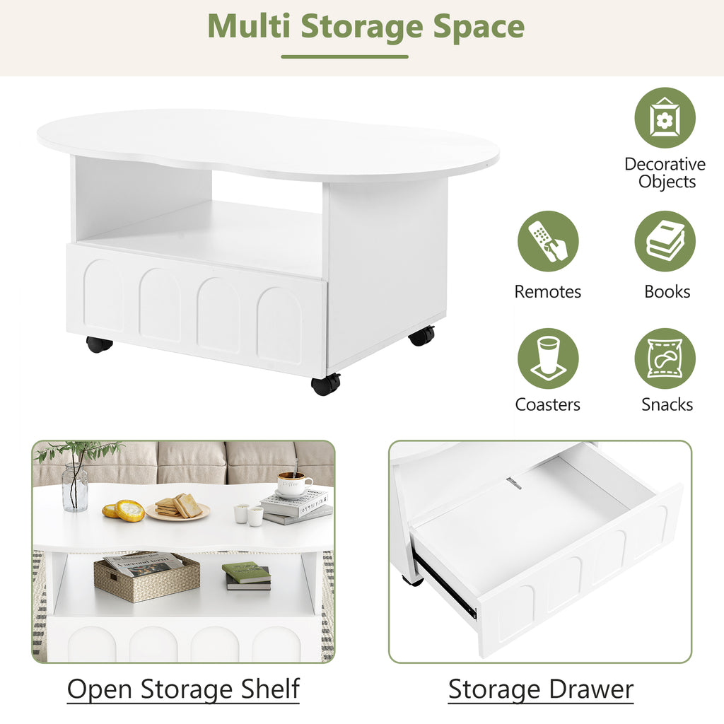 White oval coffee table with open shelf storage and a front storage drawer on casters