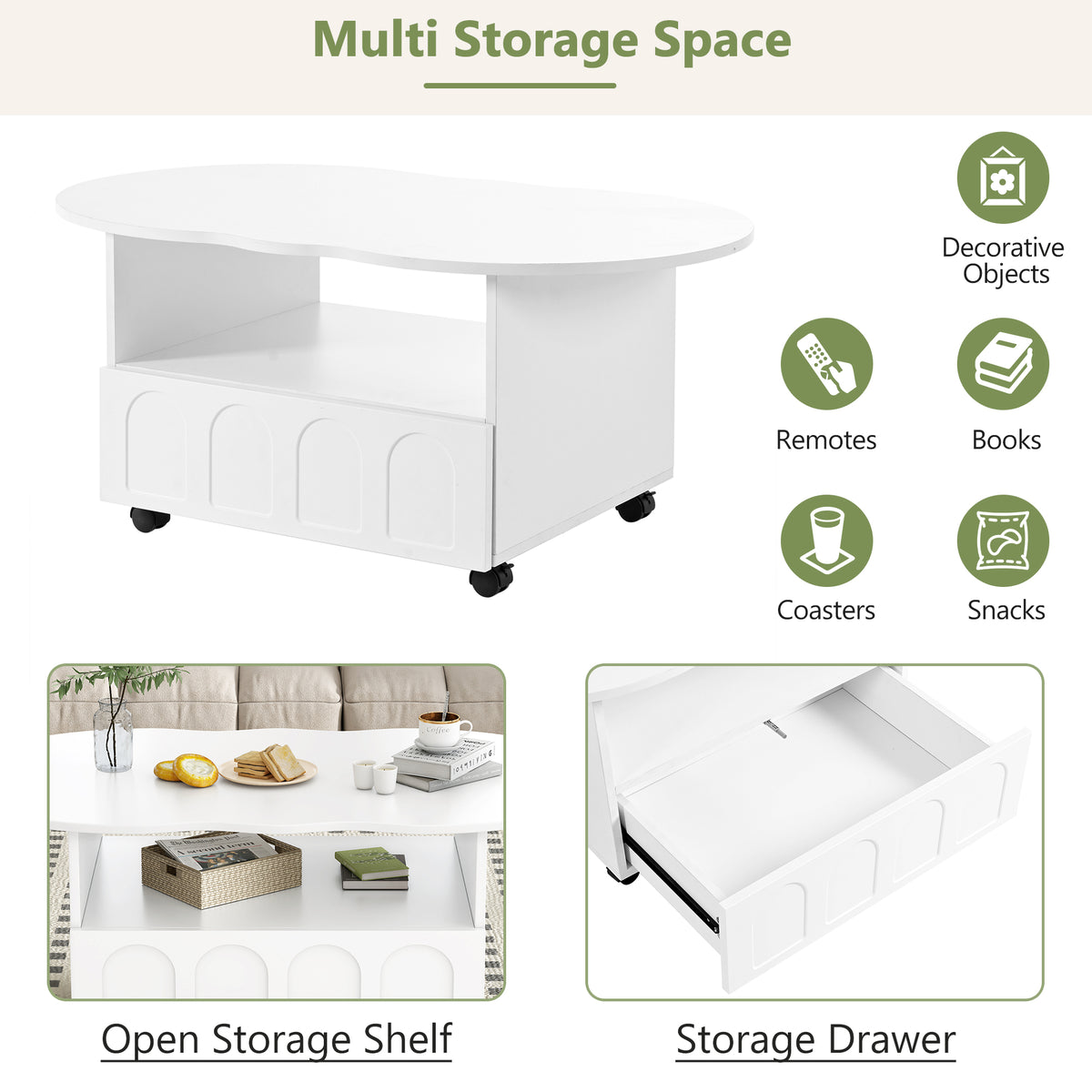 White oval coffee table with open shelf storage and a front storage drawer on casters