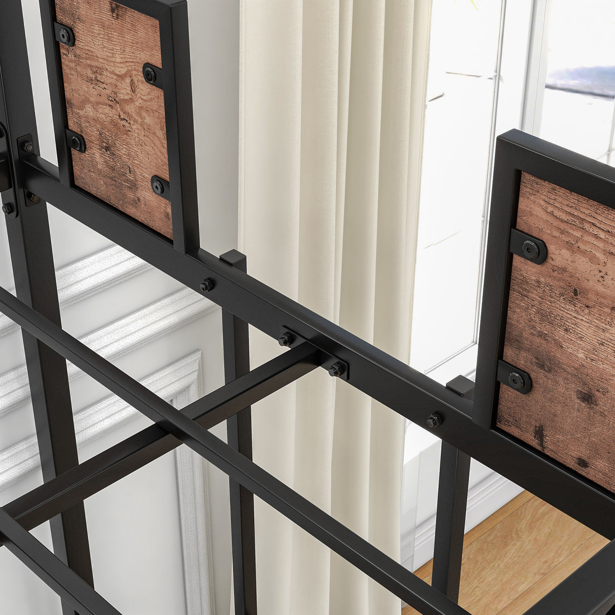 Black metal guardrail bar with wood-look panel and mounting hardware