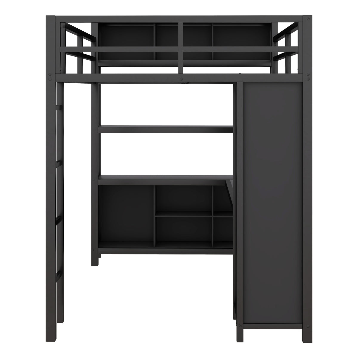 Black metal loft bed with enclosed wardrobe cabinet and lower open cubby storage