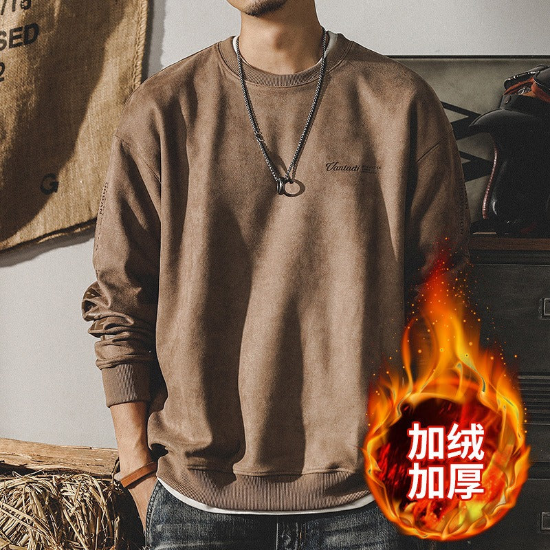 Men's heavyweight suede-look crewneck sweater, khaki brown, long sleeves
