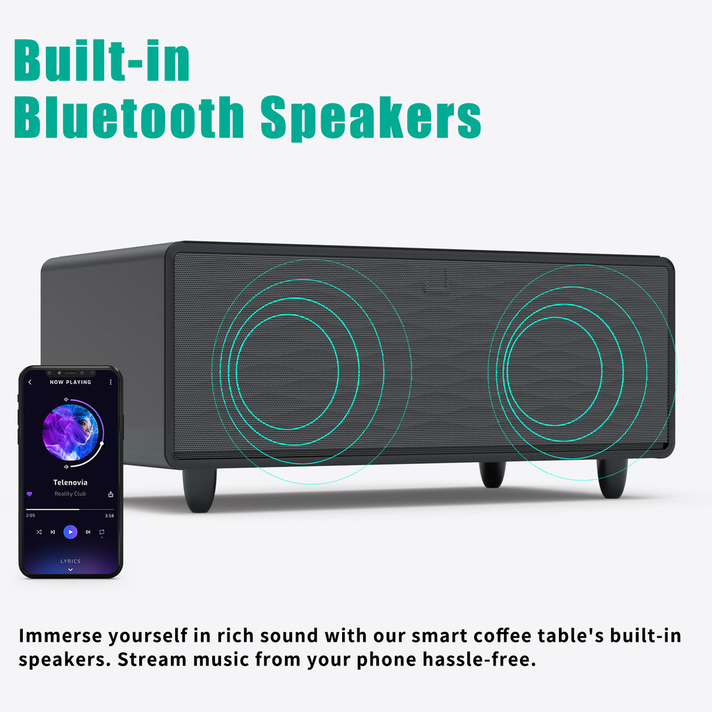 Black smart coffee table with built-in speaker grille and illuminated sound waves