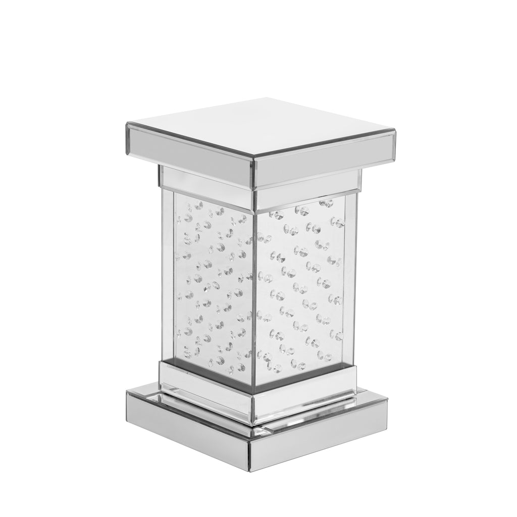 Silver square mirrored coffee table with crystal inlaid panels, clear glass top, chrome base.