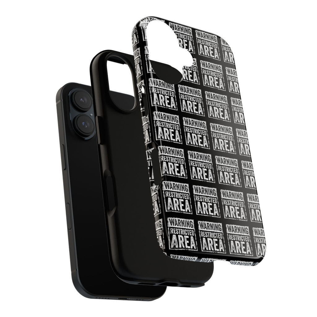Black phone case with white warning pattern; raised lip and camera cutouts