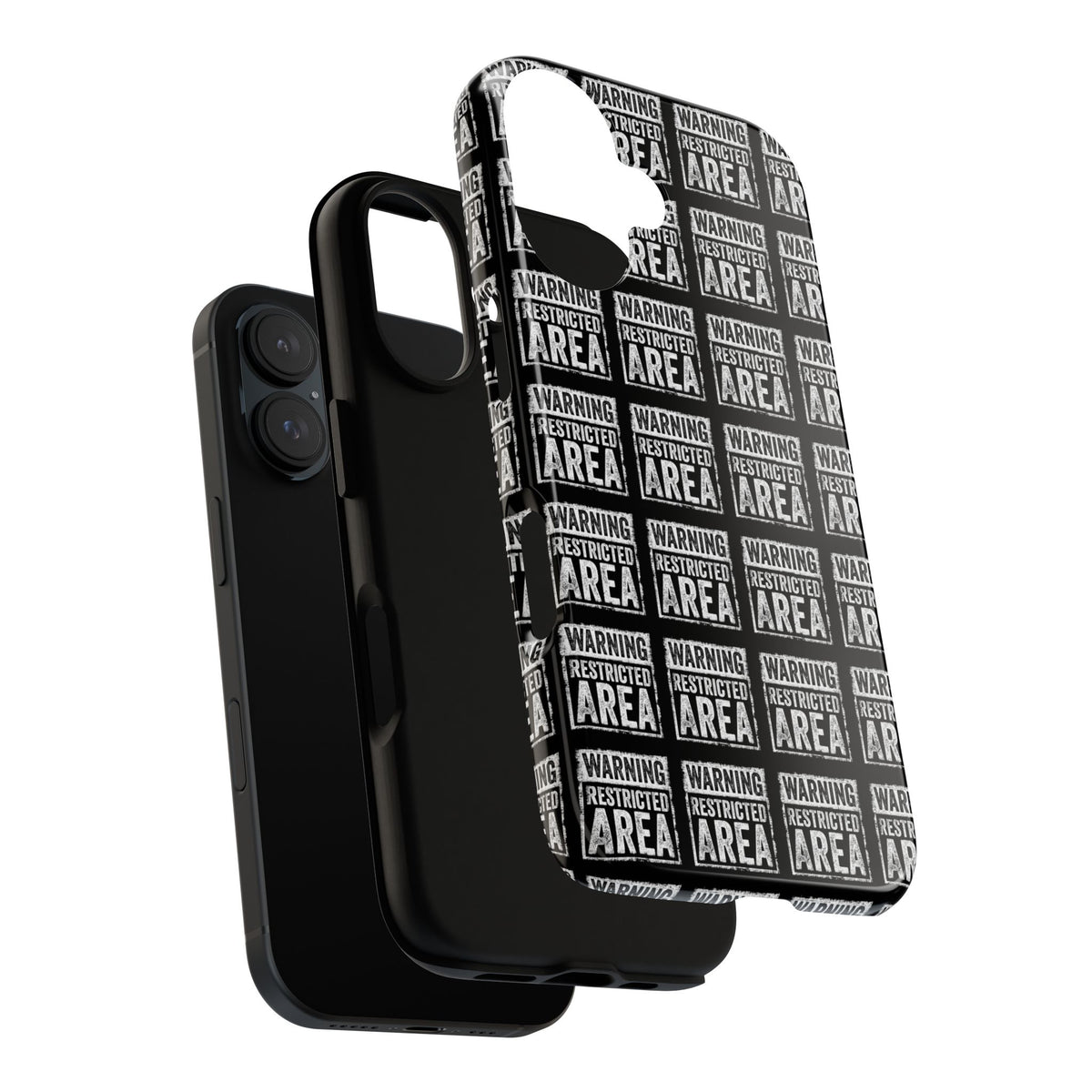 Black phone case with white warning pattern; raised lip and camera cutouts