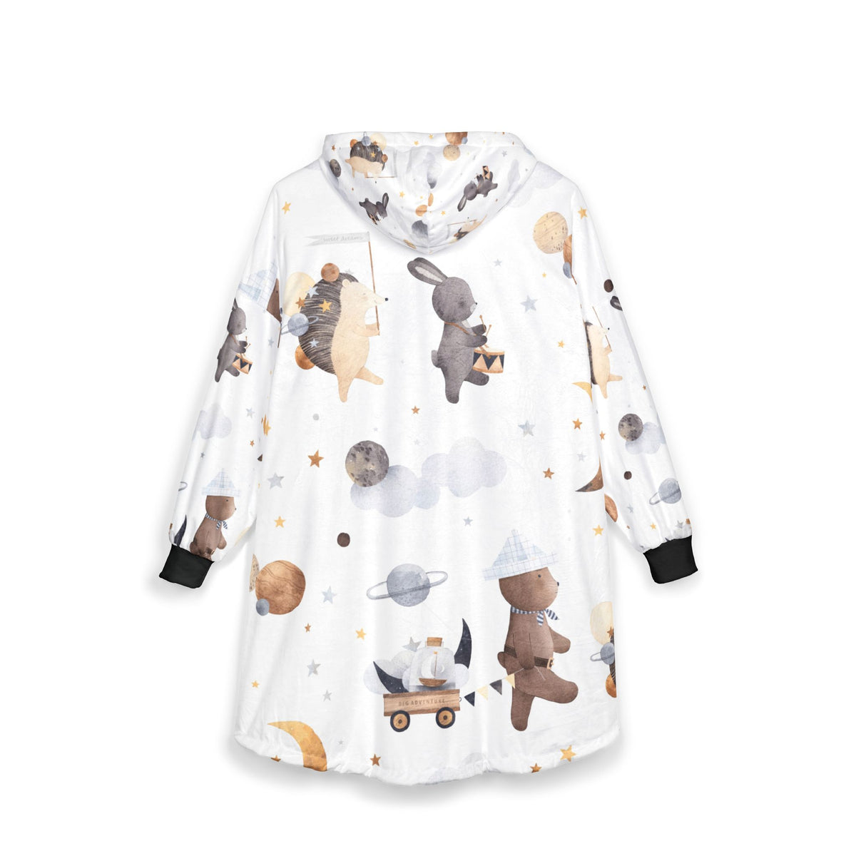 White unisex hooded blanket, back view, space-animal print, dark cuff accents