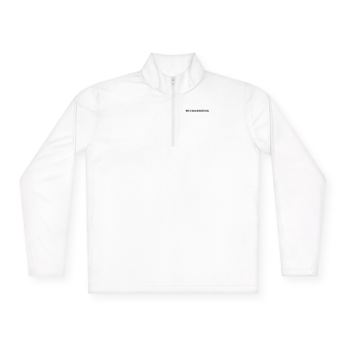 White unisex quarter-zip pullover with stand collar and long sleeves