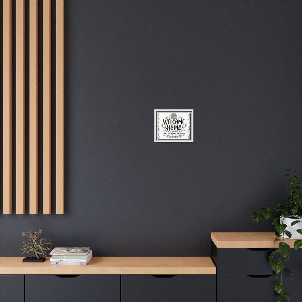 Framed matte canvas “Welcome Home” with dark frame centered on wall