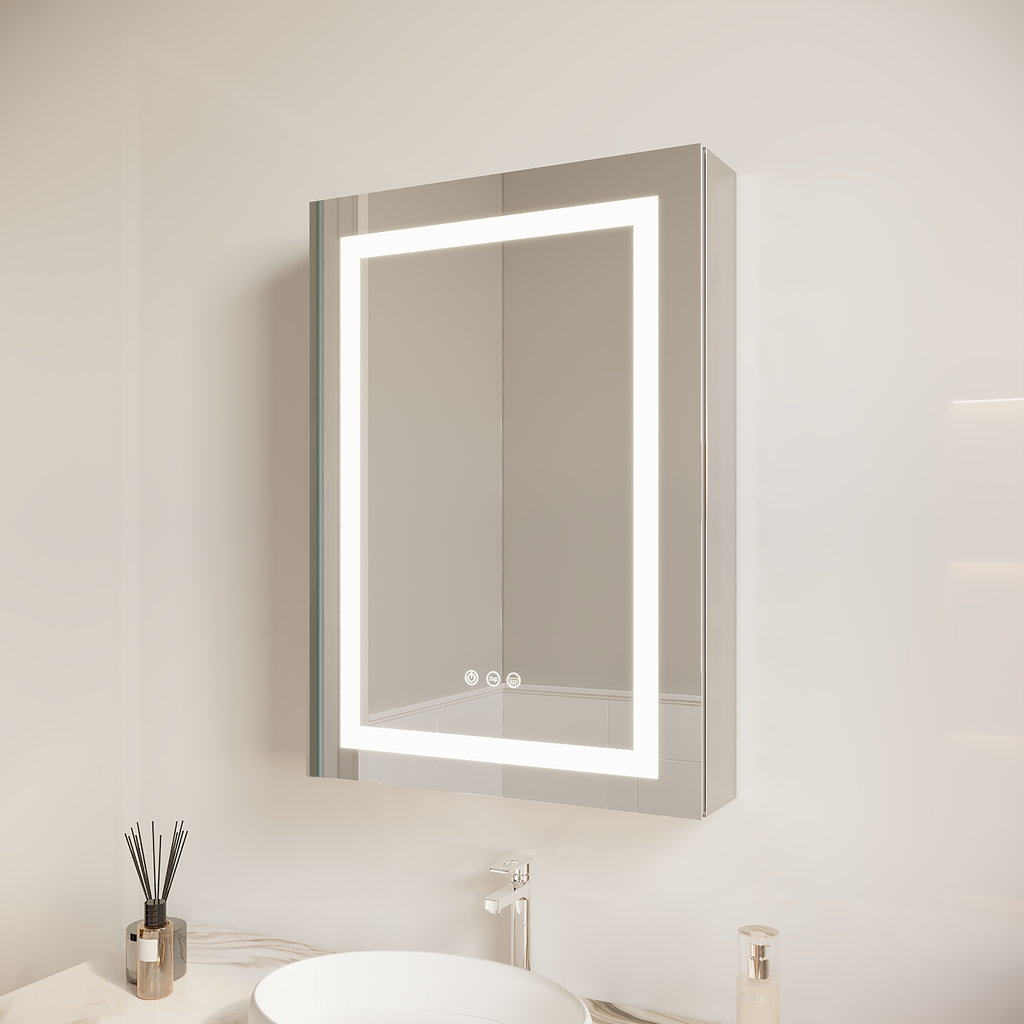 Wall-mounted LED bathroom medicine cabinet with anti-fog mirror, single door, frameless glass