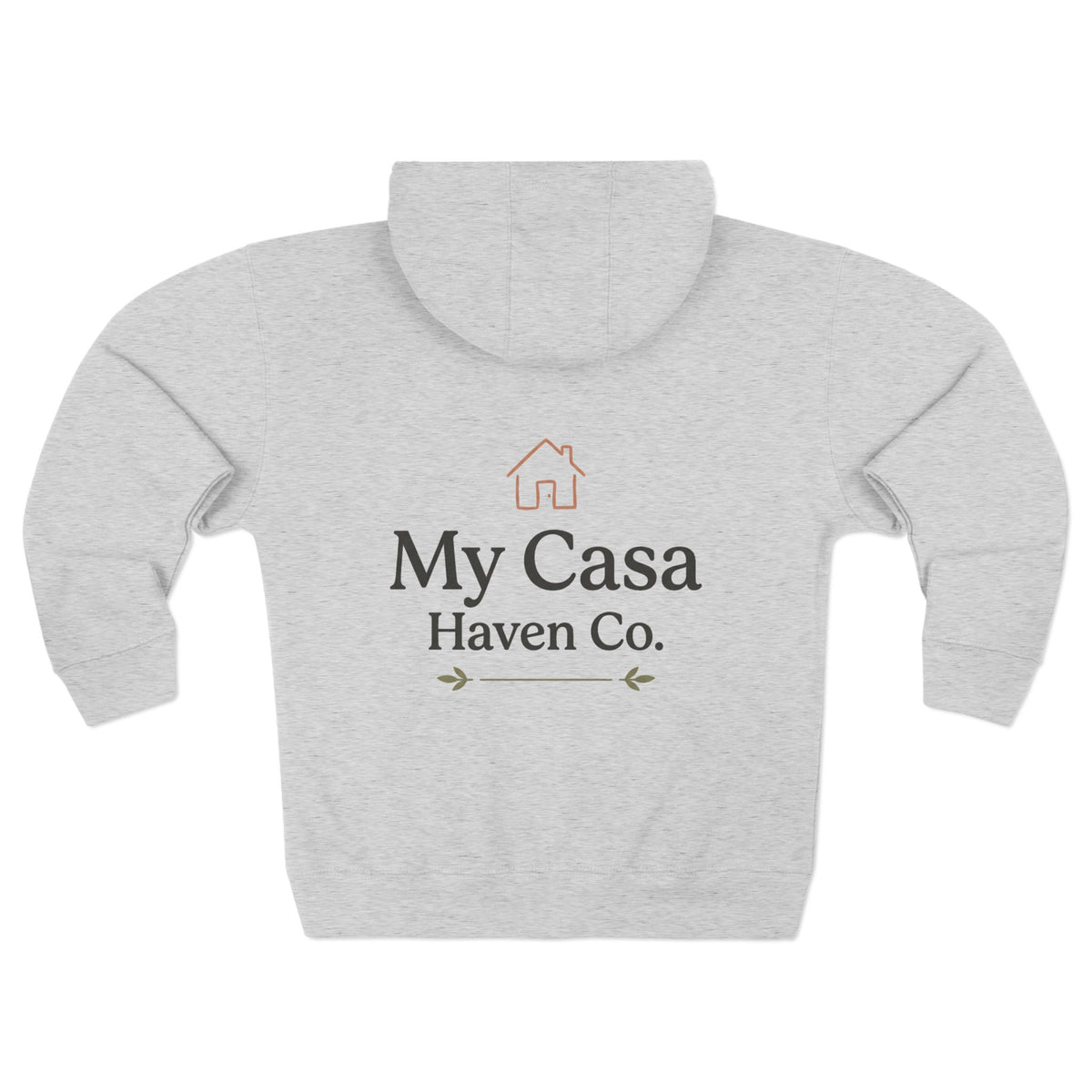 Heather grey zip hoodie with front zipper and 'My Casa Haven Co.' chest graphic