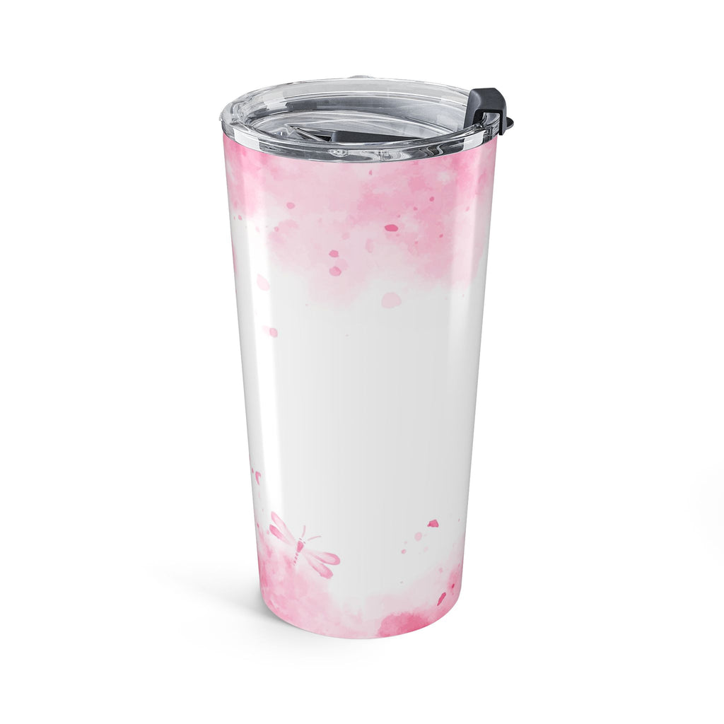 20oz white tumbler with pink watercolor accents, clear lid with black handle