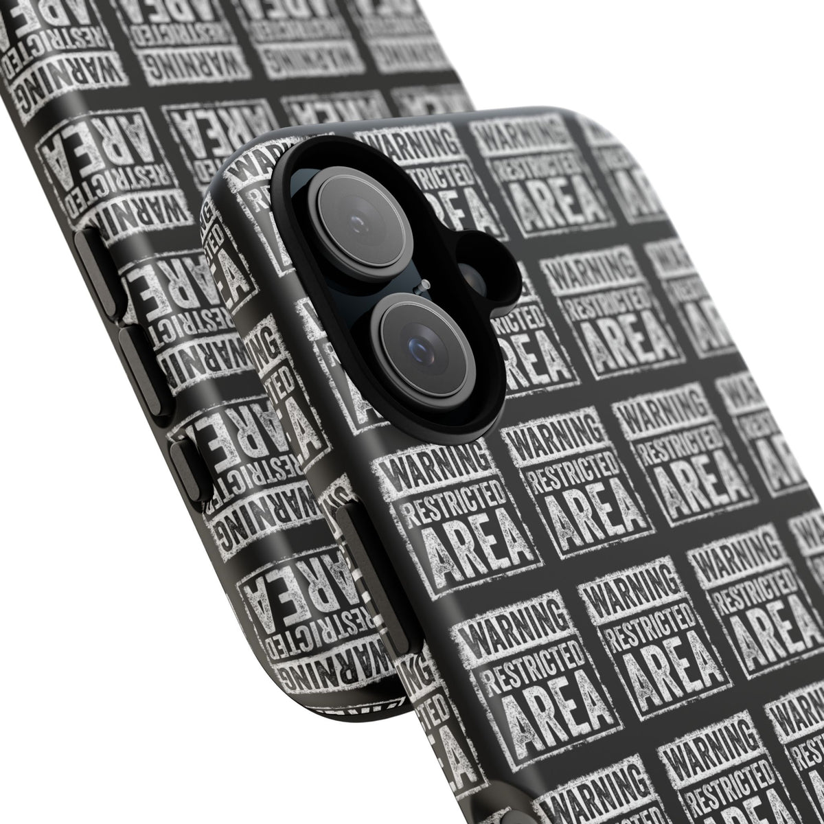 Angled black phone case with white warning 'RESTRICTED AREA' pattern and lens openings