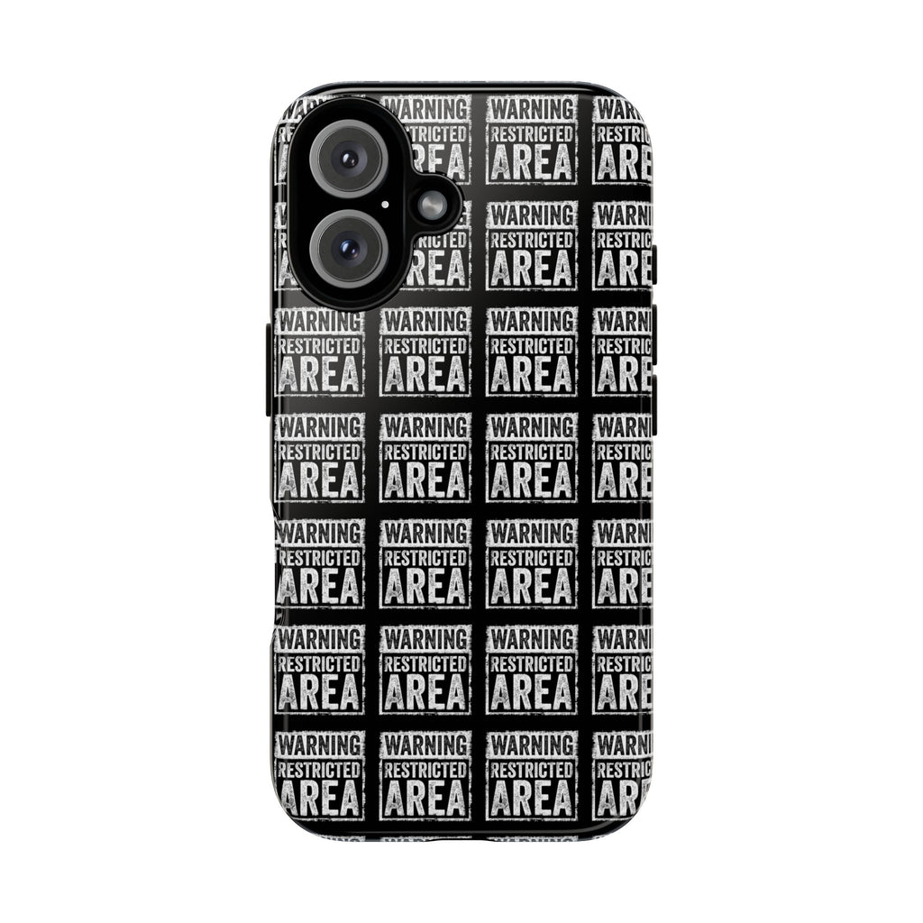 Black phone case with white warning text pattern and dual camera cutouts
