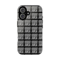 Black phone case with white warning text pattern and dual camera cutouts
