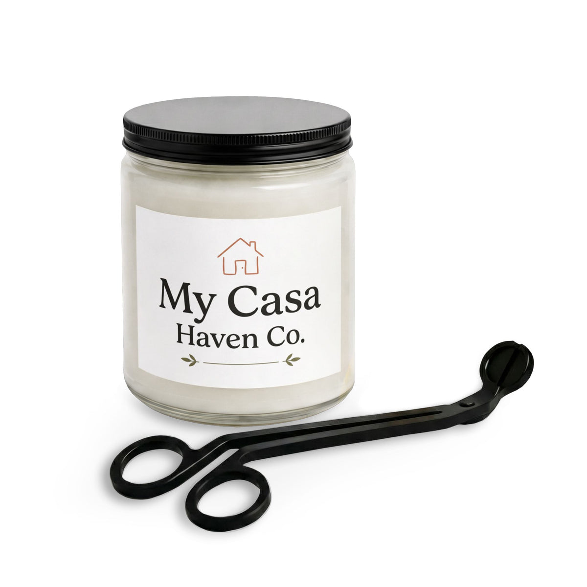 Pale cream candle in clear jar with black lid, set includes black wick trimmer tool