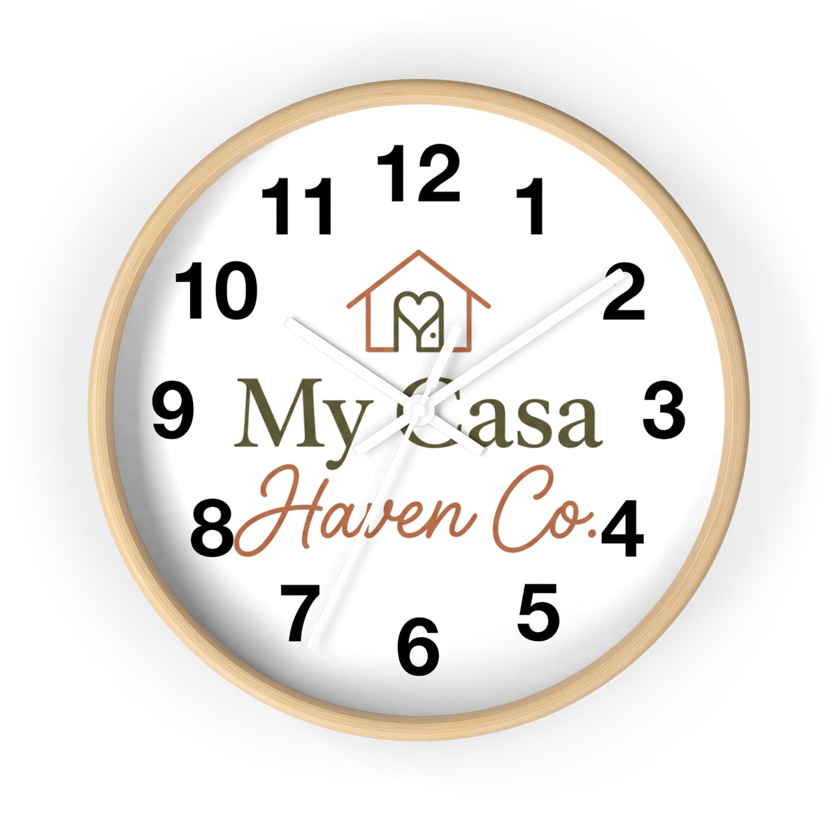 Wood wall clock with light wood frame, white hands, bold black numerals on white face