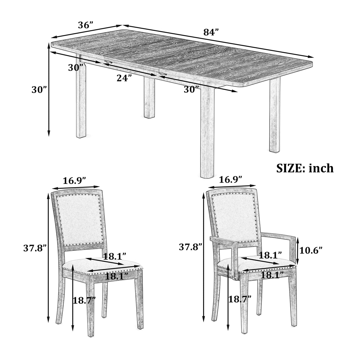 Dining table and chair size diagram with 84 in tabletop and 18 in seat height
