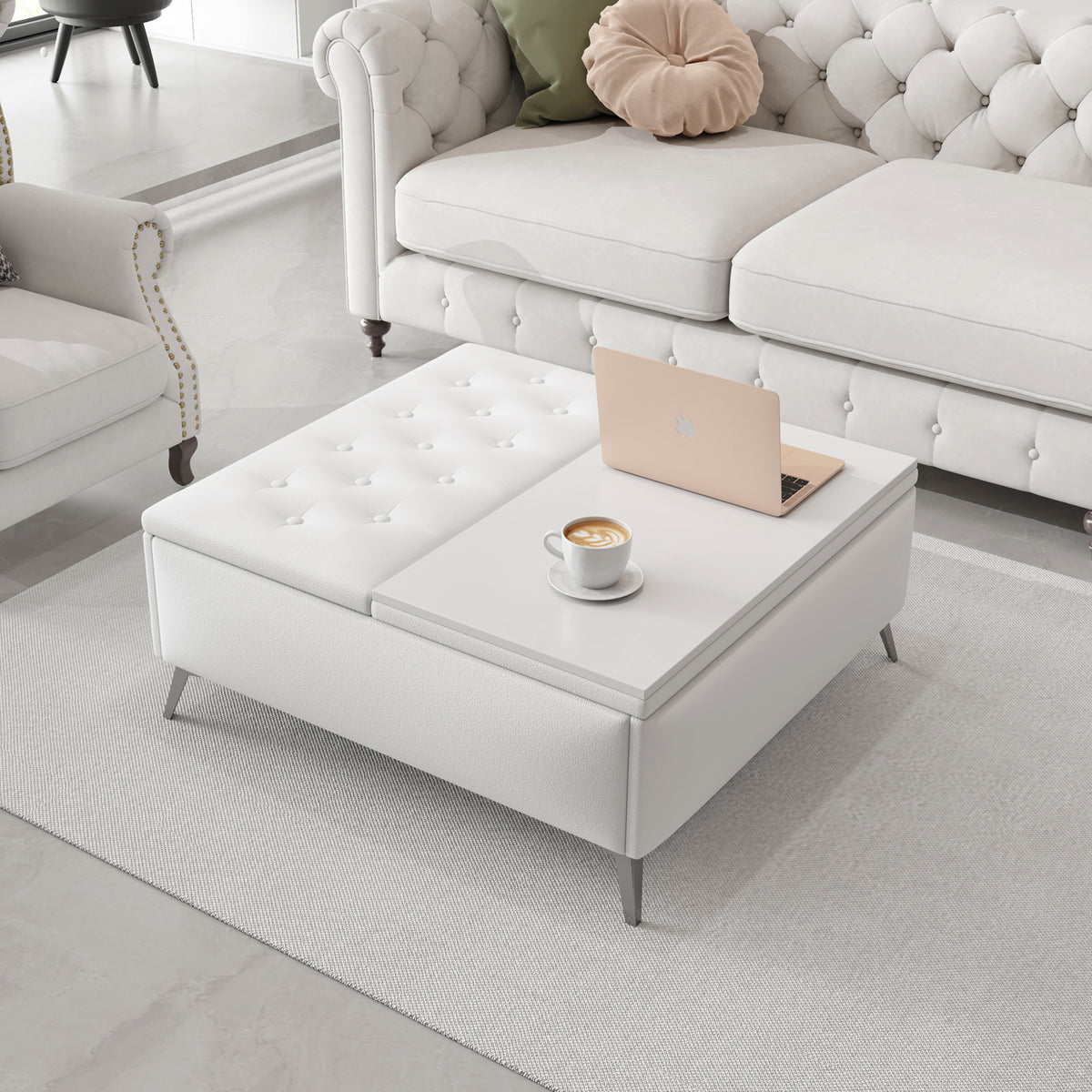 White lift-top storage ottoman with tufted lid and open compartment for storage
