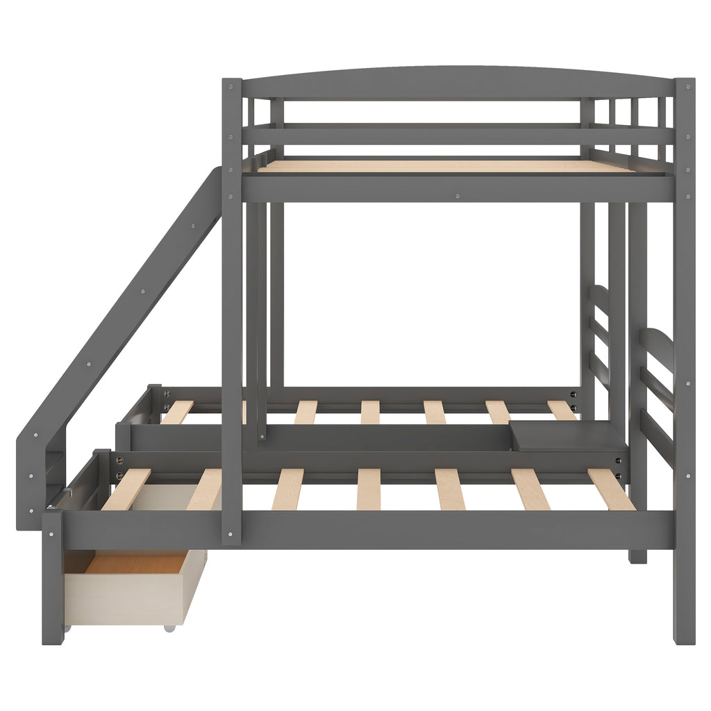 Gray triple bunk bed with ladder, guardrails, and side drawer