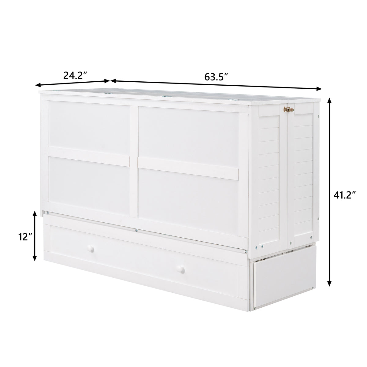 White Murphy bed cabinet front with drawer panel and side storage compartments