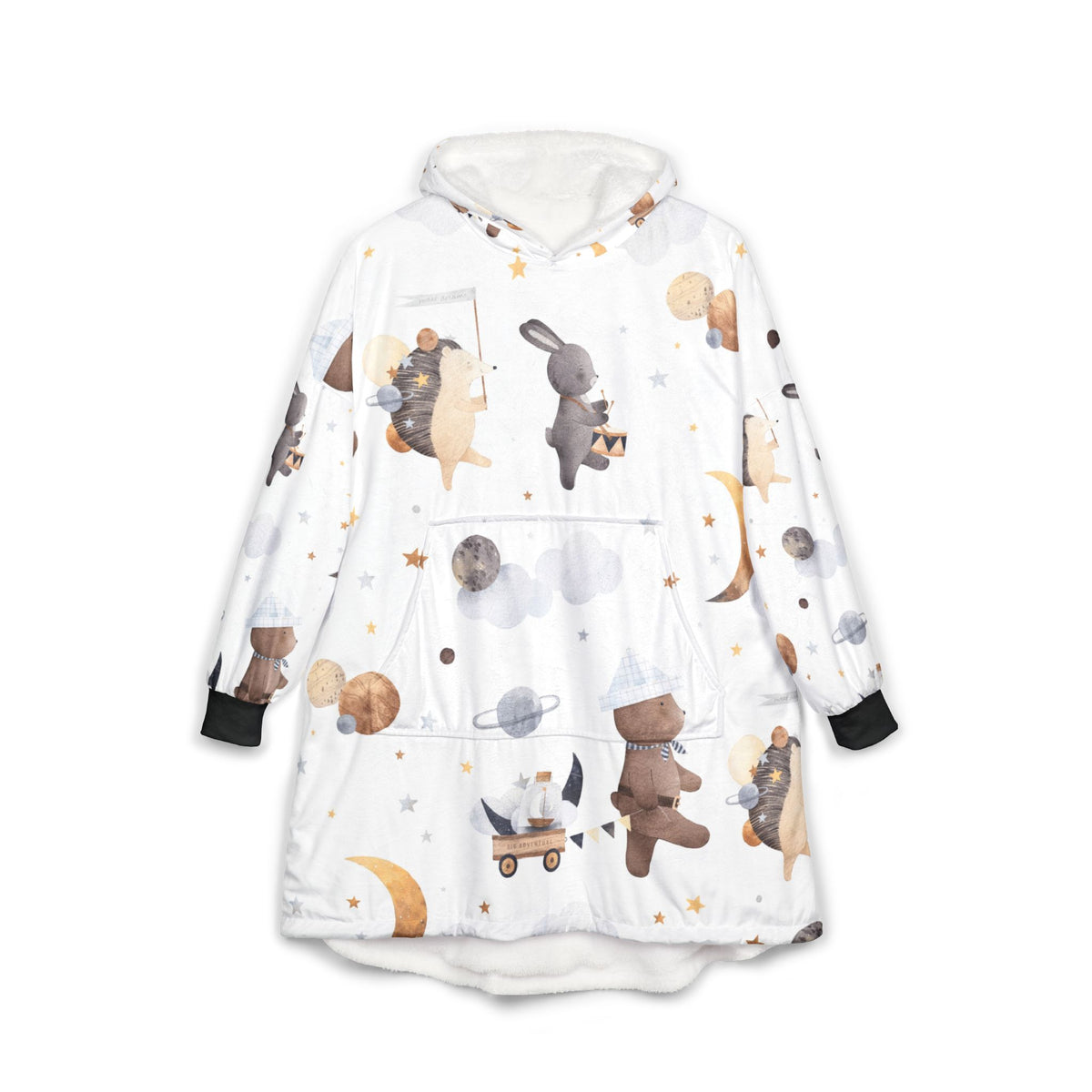 White unisex hooded blanket with space-animal print and dark cuff details