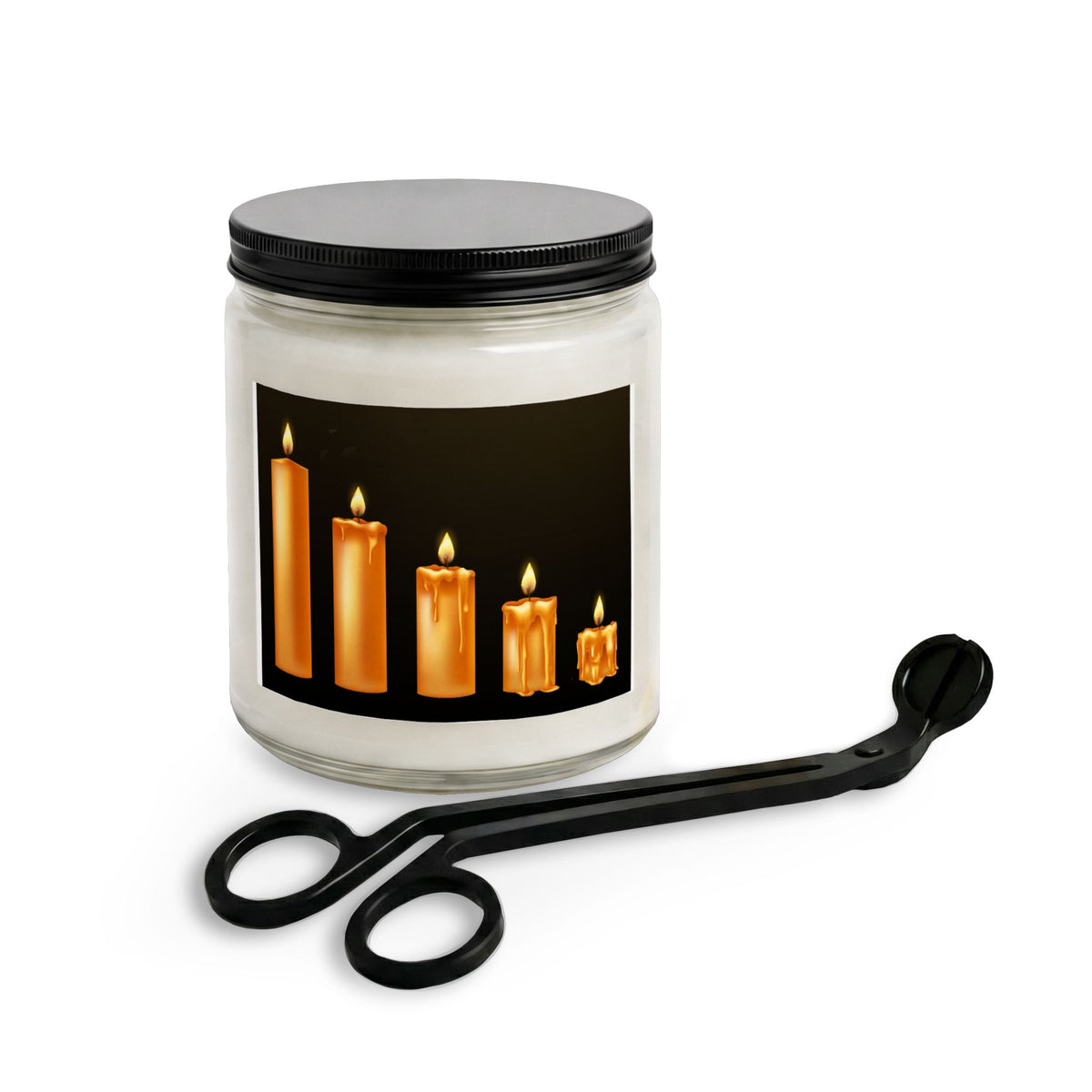 Glass candle jar with black lid and black wick trimmer, multiple lit candles in amber wax