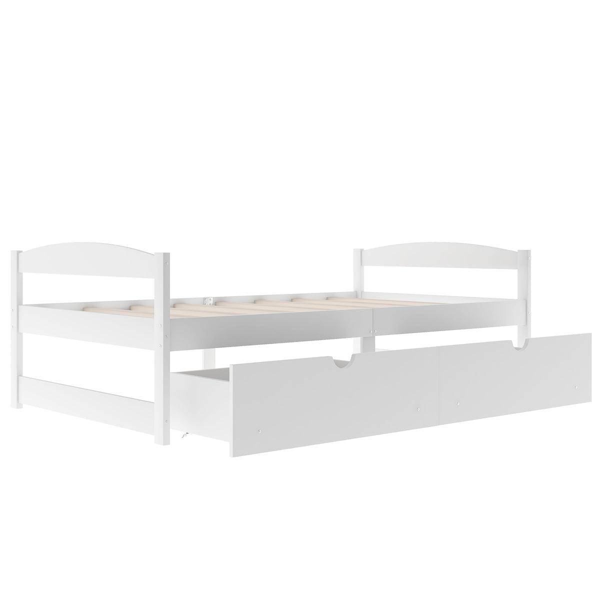 White twin platform bed with two drawers and paneled headboard and footboard.