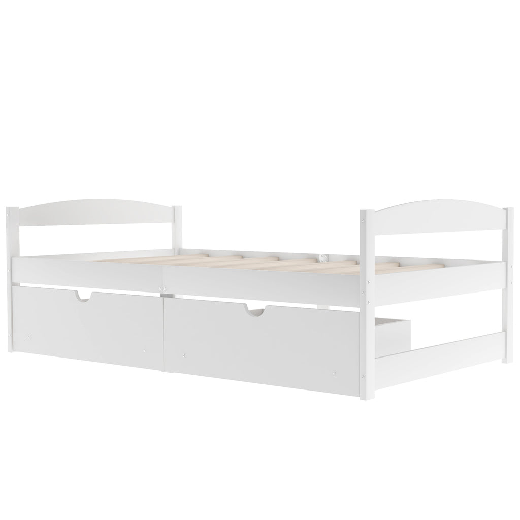 White twin platform bed with two under-drawers and slatted mattress base