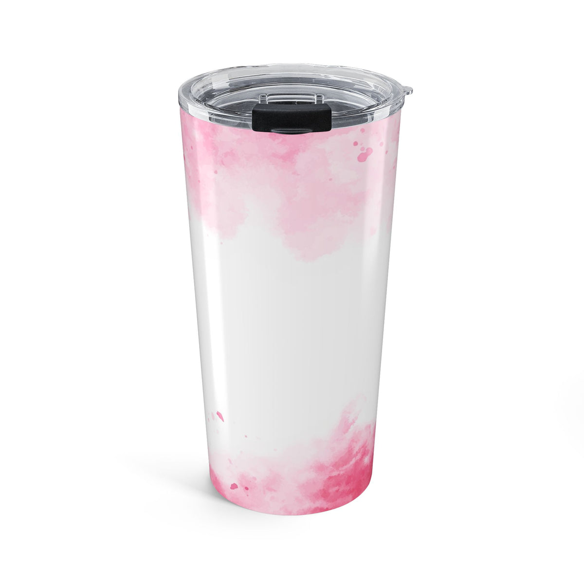 20oz white tumbler with pink watercolor print, clear lid and black clasp