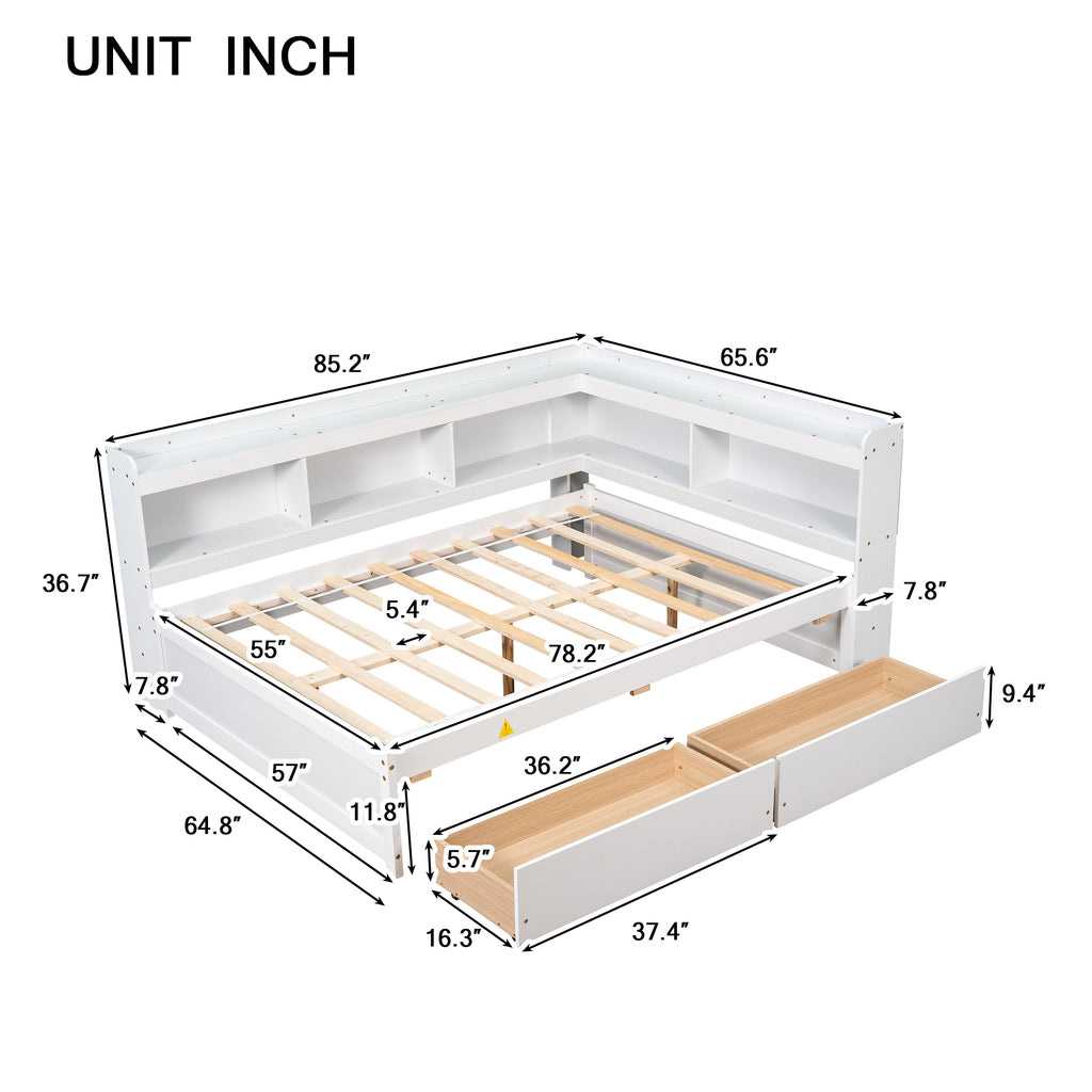 White L-shaped bookcase bed frame with drawers; slatted base with size diagram