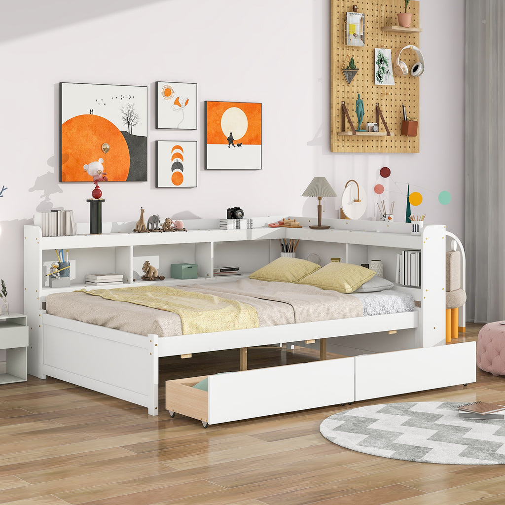 White bed frame with L-shaped bookcase shelves and front drawers, styled with bedding