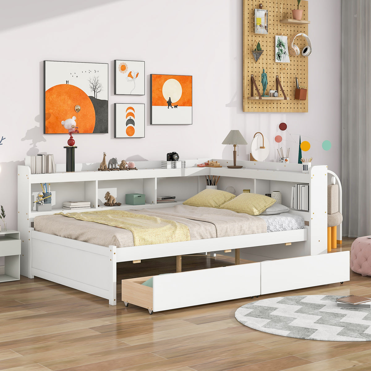 White bed frame with L-shaped bookcase shelves and front drawers, styled with bedding