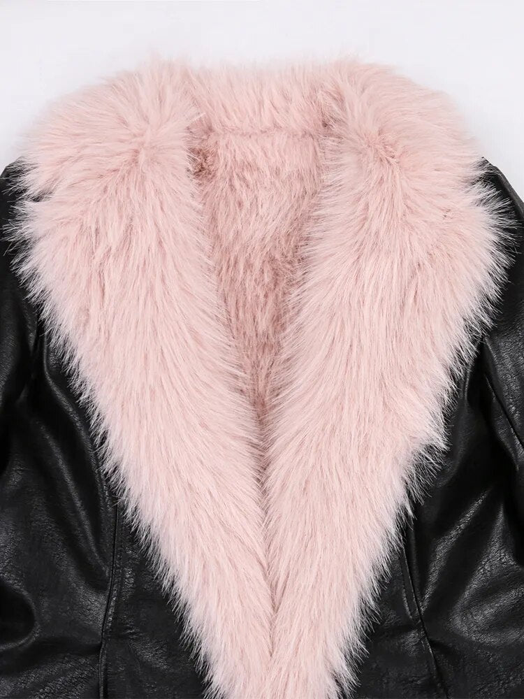 Black PU leather coat with close-up of pink faux fur V-collar trim
