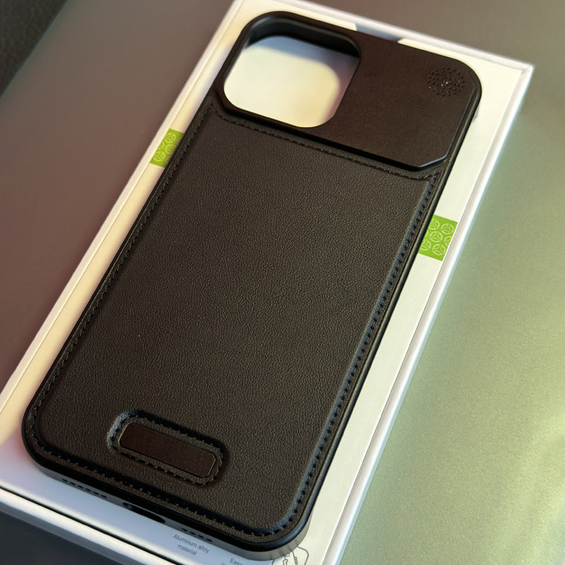 Magnetic aromatherapy phone case, black leather-style back with camera cutout