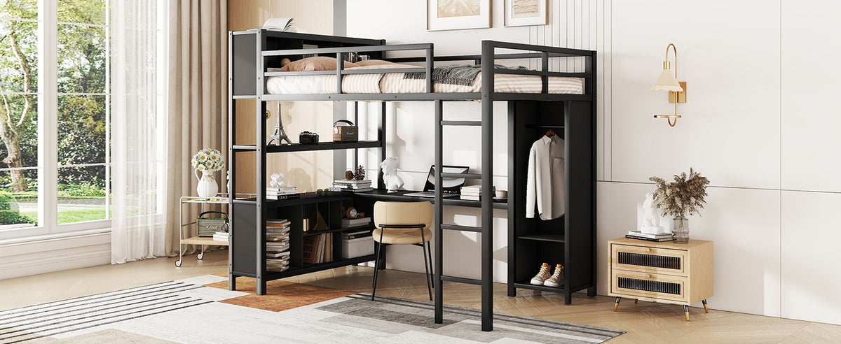Black metal loft bed with wardrobe shelving, desk area, and ladder access