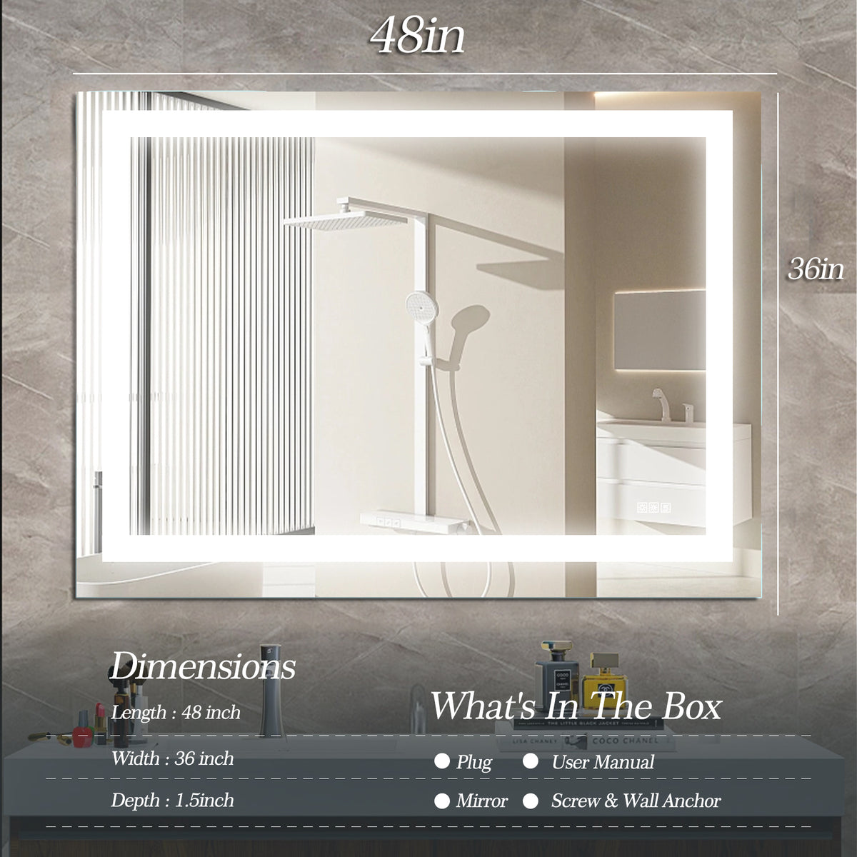 LED bathroom vanity mirror with illuminated border, 48x36 inch rectangular size
