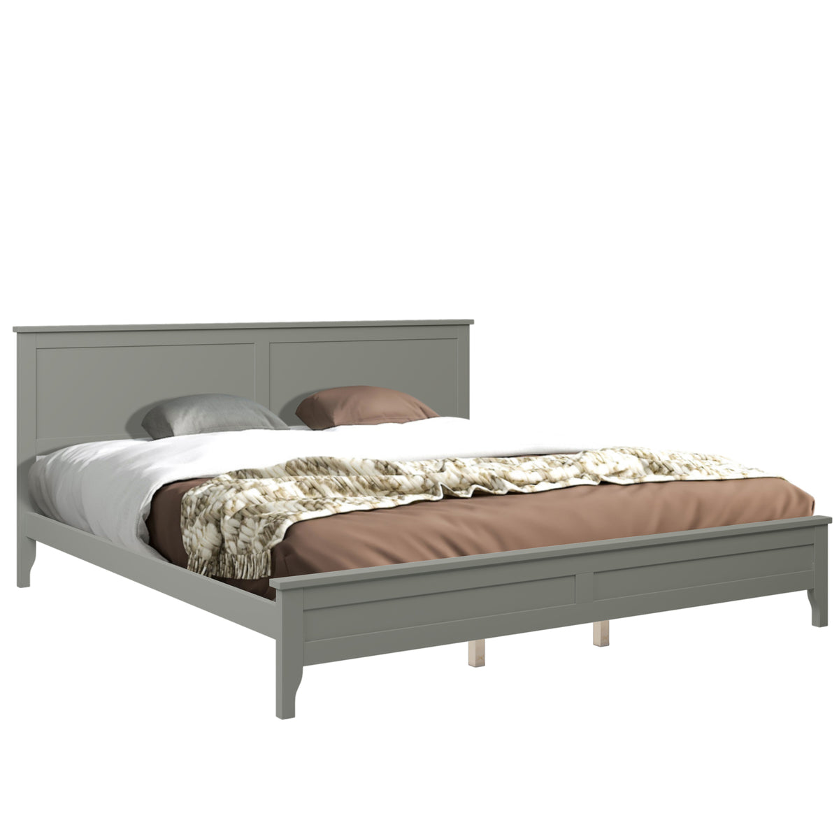 Gray king platform bed with paneled headboard and footboard, slatted mattress support