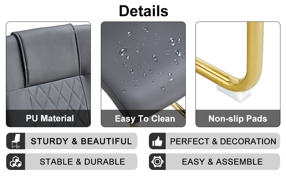 Gray faux leather chair details with quilted panel and gold non-slip leg tips