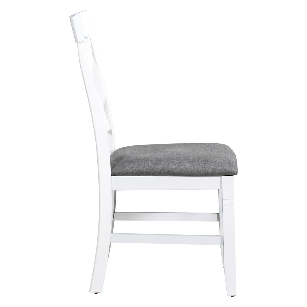 Wood dining chair with gray upholstered seat and ladder-style white back