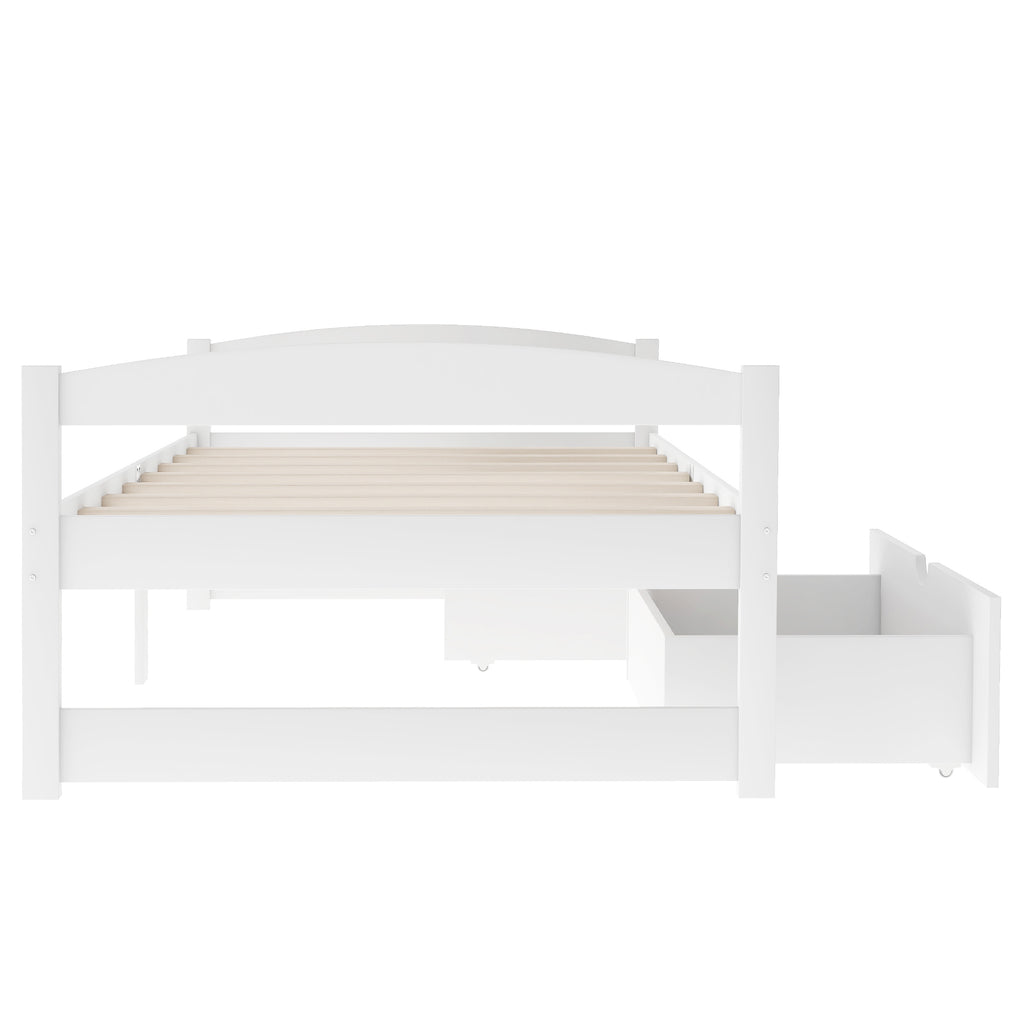 White twin platform bed with slatted support and two drawers shown side-by-side.