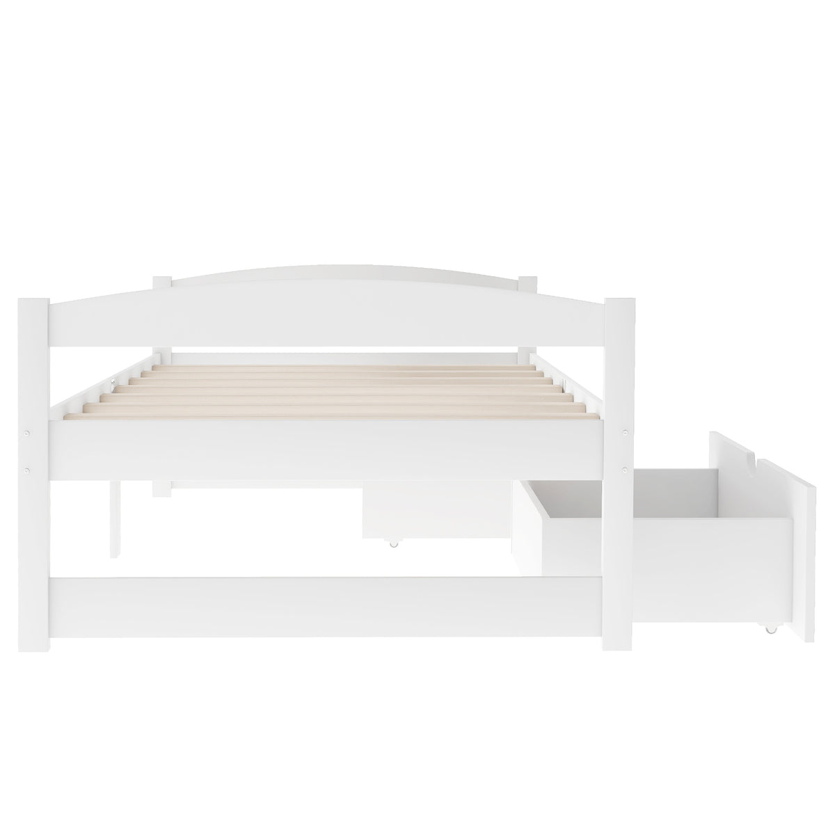 White twin platform bed with slatted support and two drawers shown side-by-side.