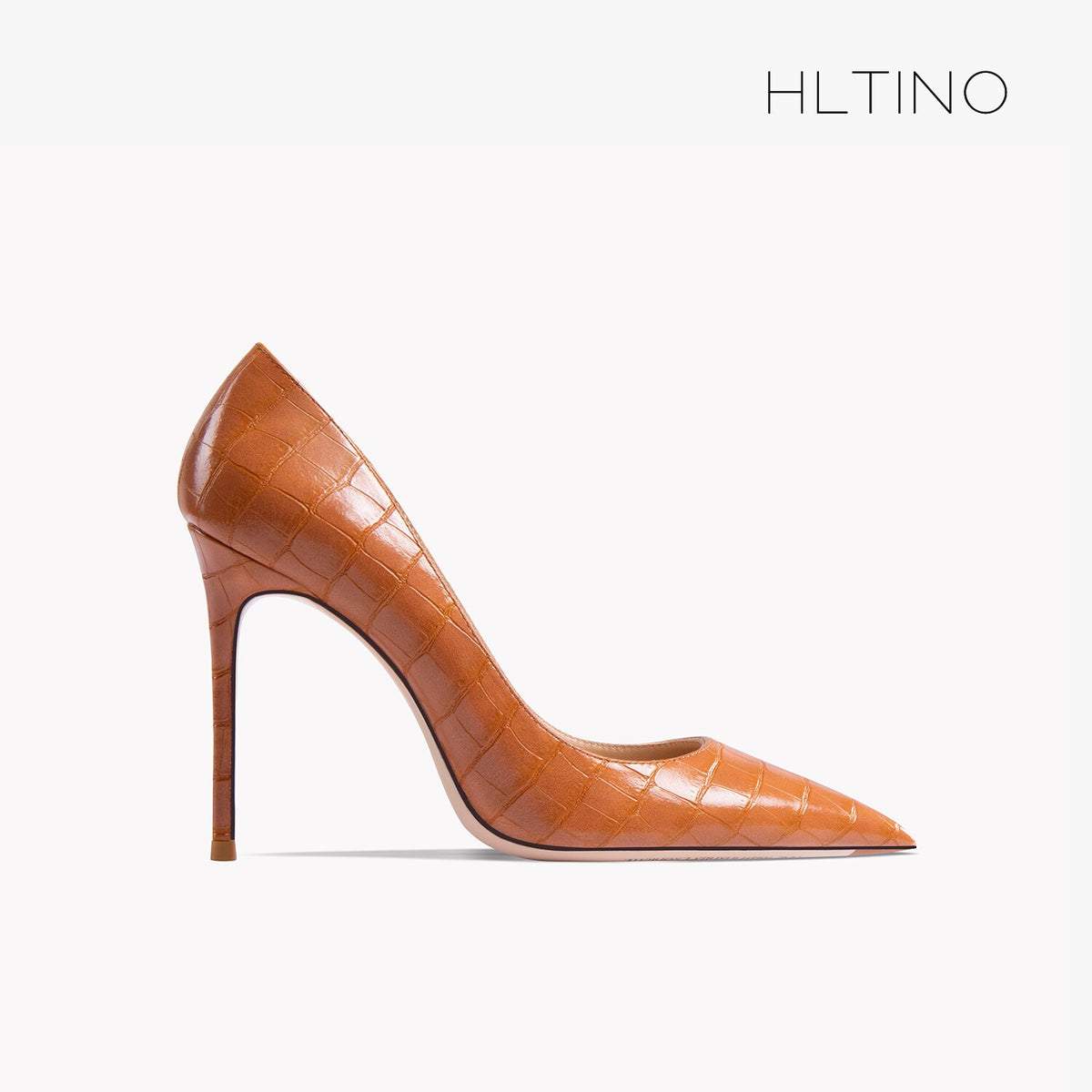 Brown patent leather pointed-toe pump with thin stiletto heel